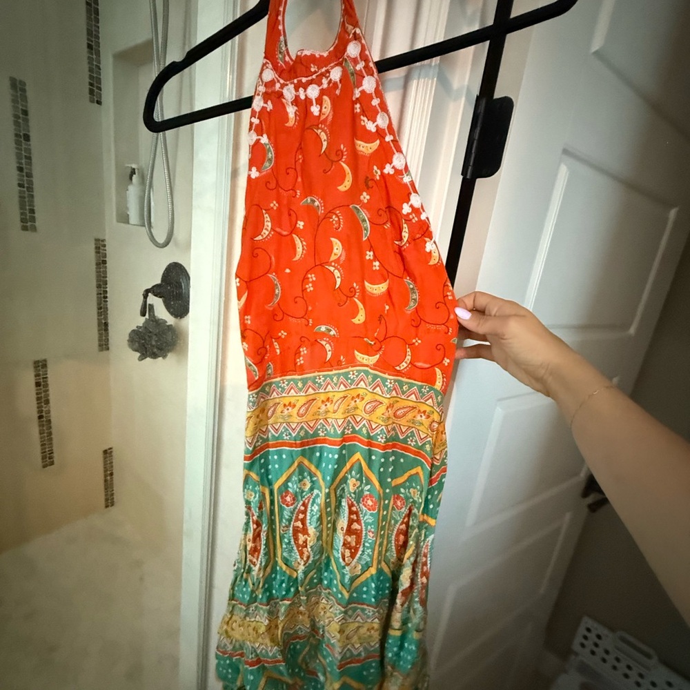 Boho Halter Maxi Dress in Orange & Teal